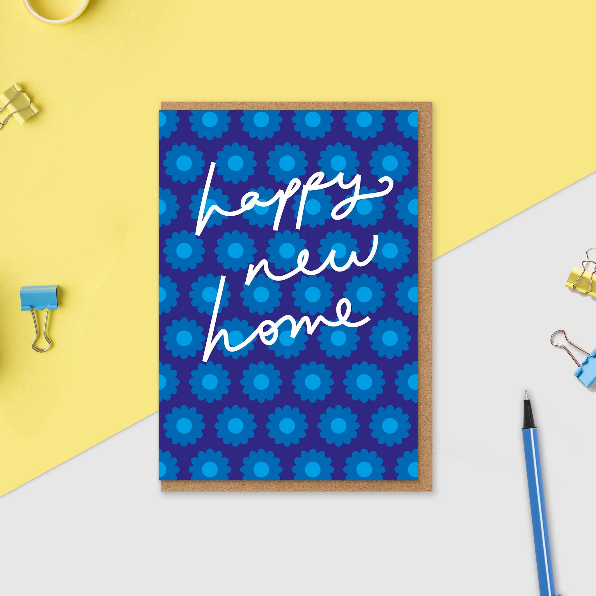 Happy New Home Card | Retro Blue Flower Repeat Print