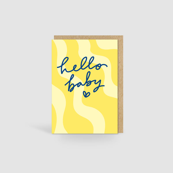 Hello Baby Card | Pastel Yellow Retro Wavy Design