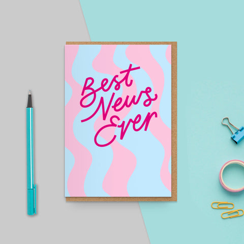 Best News Ever Card | Pink and Baby Blue Wavy Design