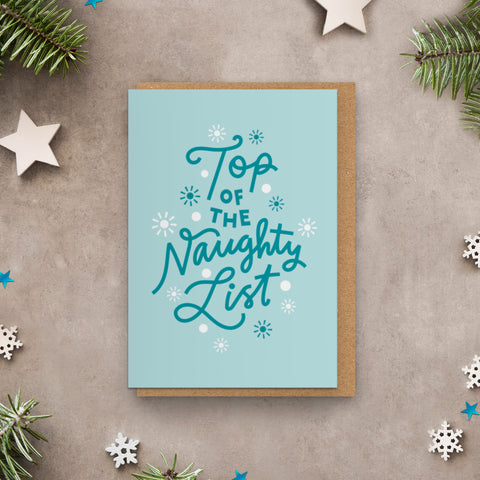 Top Of The Naughty List - Candy Cane Blue & Turquoise Lettering Christmas Card