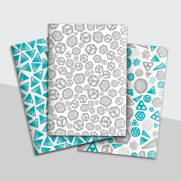 Geometric Pattern Grey & Turquoise Notebook | Plain Pages