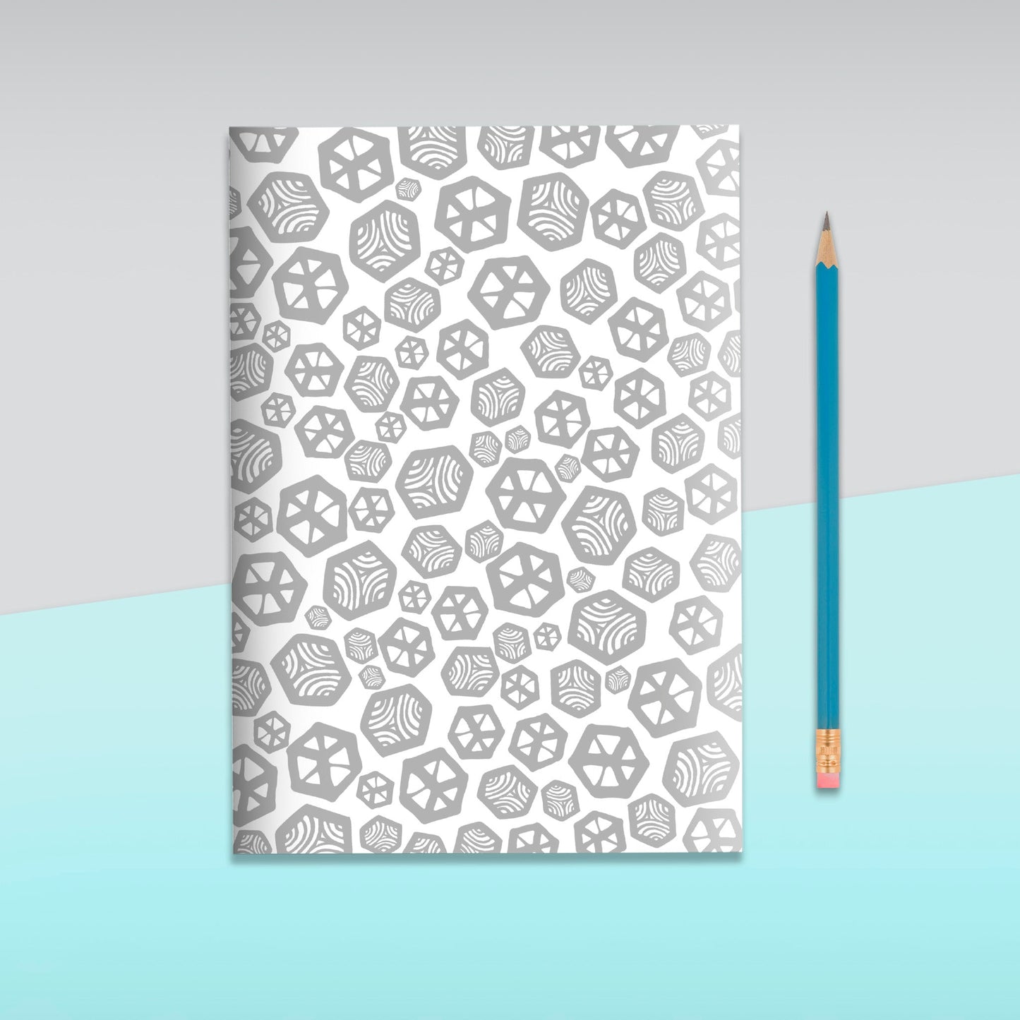 Geometric Pattern Grey & Turquoise Notebook | Plain Pages