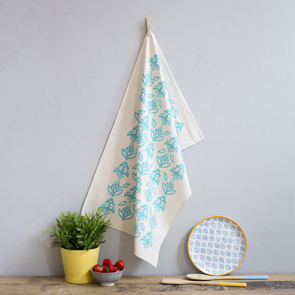 Floral Pattern Aqua Tea Towel